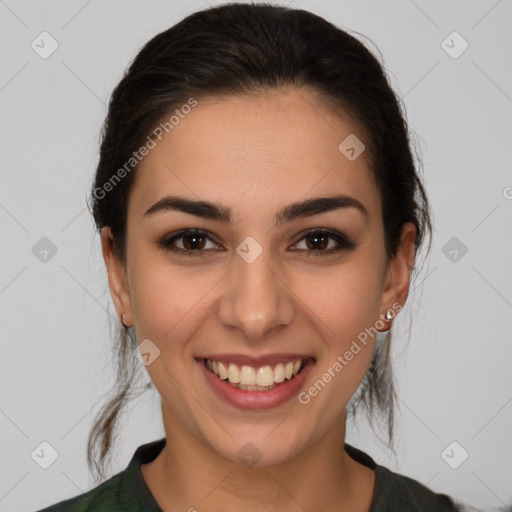 Joyful white young-adult female with medium  brown hair and brown eyes