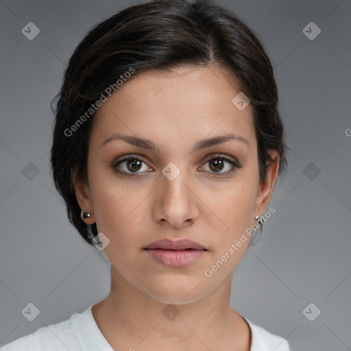 Neutral white young-adult female with medium  brown hair and brown eyes