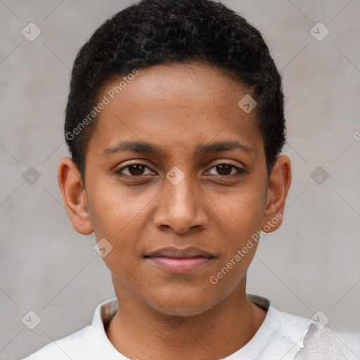 Joyful black young-adult female with short  brown hair and brown eyes