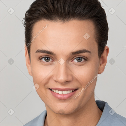 Joyful white young-adult female with short  brown hair and brown eyes