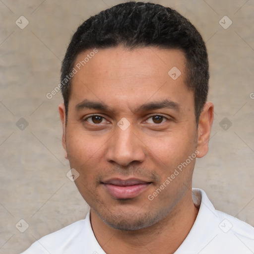 Neutral white young-adult male with short  black hair and brown eyes