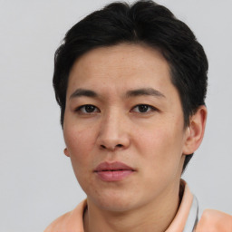 Neutral asian young-adult male with short  black hair and brown eyes