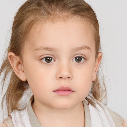 Neutral white child female with medium  brown hair and blue eyes