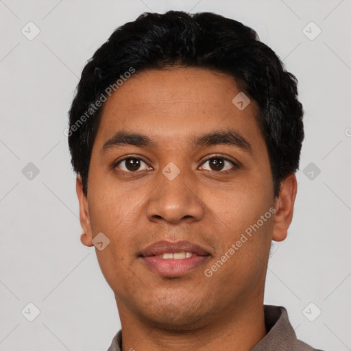 Neutral latino young-adult male with short  black hair and brown eyes