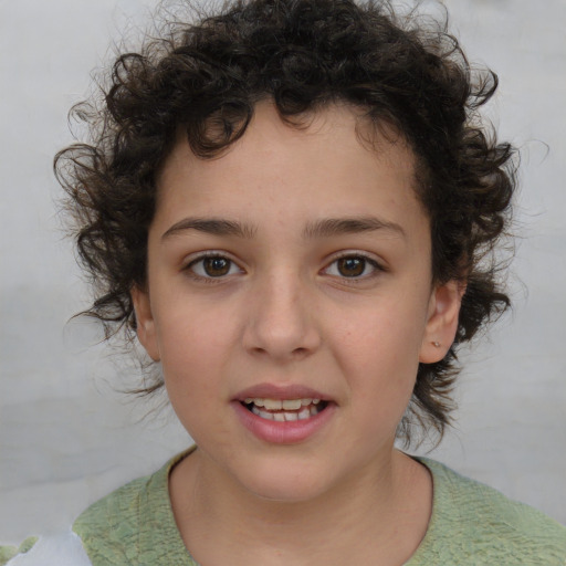 Joyful white child female with medium  brown hair and brown eyes