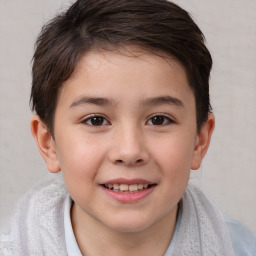 Joyful white child female with short  brown hair and brown eyes