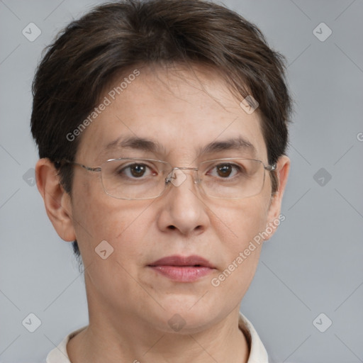 Joyful white adult female with short  brown hair and brown eyes