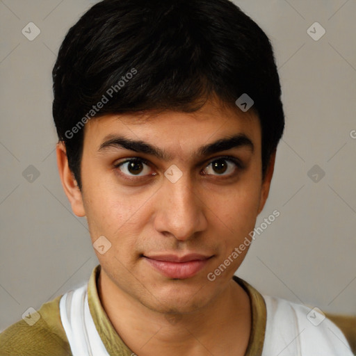 Neutral white young-adult male with short  black hair and brown eyes