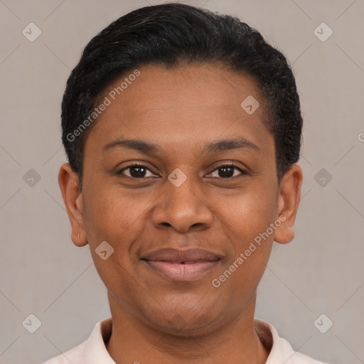 Joyful latino young-adult female with short  brown hair and brown eyes