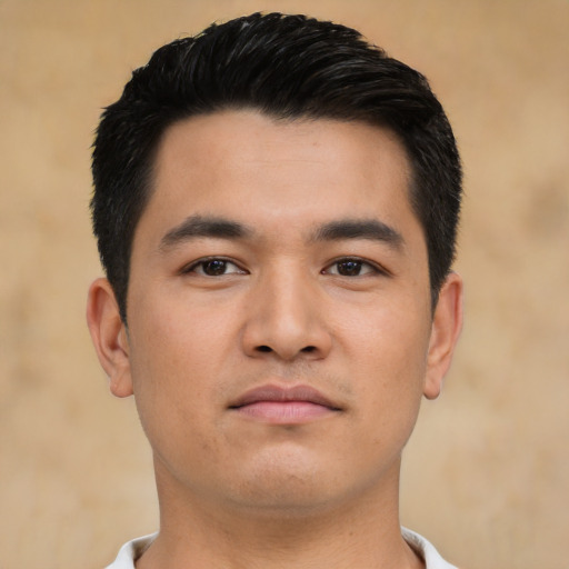 Neutral asian young-adult male with short  black hair and brown eyes