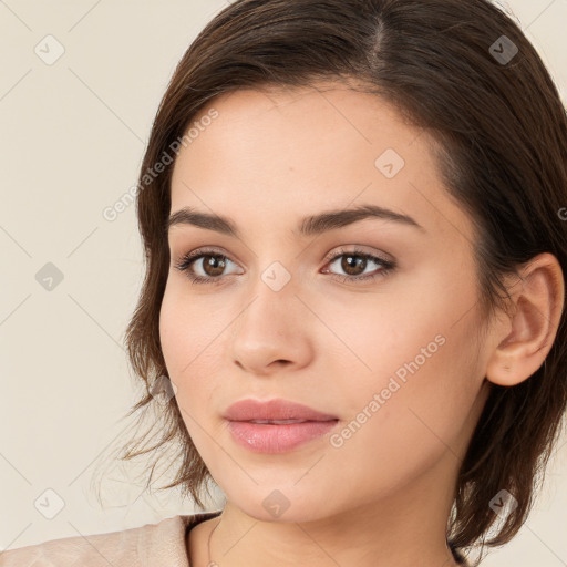 Neutral white young-adult female with medium  brown hair and brown eyes