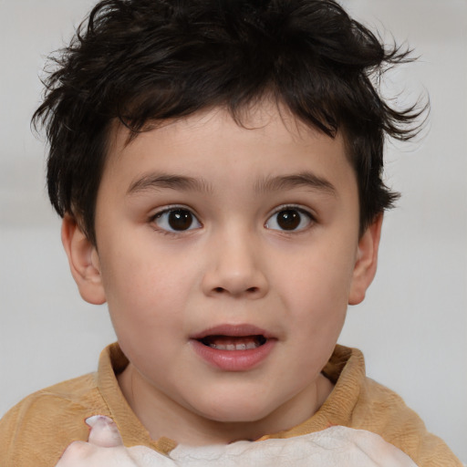 Joyful white child male with short  brown hair and brown eyes