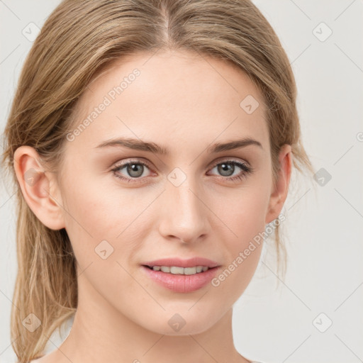 Joyful white young-adult female with medium  brown hair and blue eyes