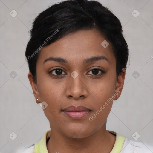 Joyful asian young-adult female with short  black hair and brown eyes