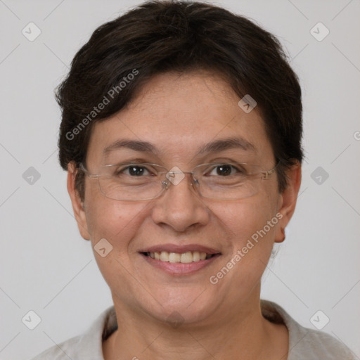 Joyful white adult female with short  brown hair and brown eyes