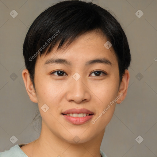 Joyful asian young-adult female with short  brown hair and brown eyes