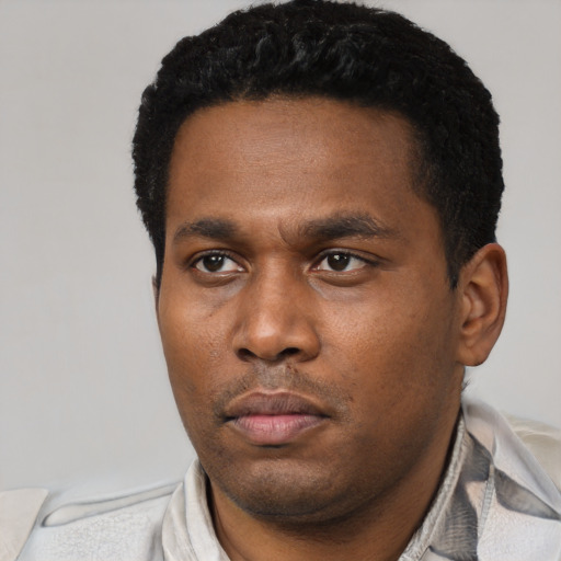 Neutral black young-adult male with short  black hair and brown eyes