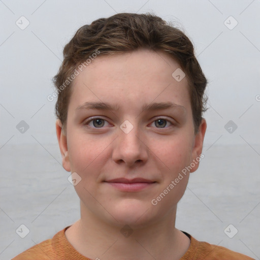 Joyful white young-adult female with short  brown hair and grey eyes