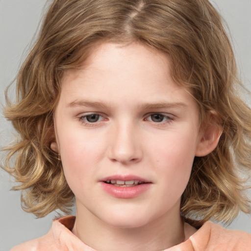 Joyful white child female with medium  brown hair and brown eyes