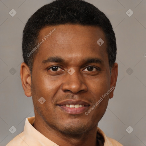 Joyful latino young-adult male with short  brown hair and brown eyes