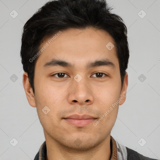 Neutral asian young-adult male with short  brown hair and brown eyes