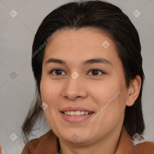 Joyful white young-adult female with medium  brown hair and brown eyes