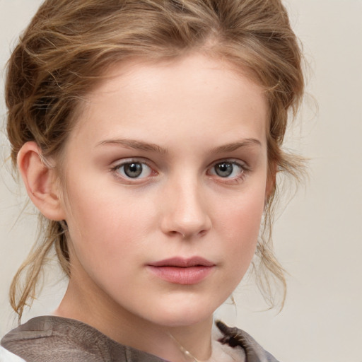 Neutral white child female with medium  brown hair and grey eyes