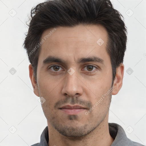 Neutral white adult male with short  black hair and brown eyes