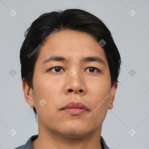 Neutral asian young-adult male with short  black hair and brown eyes