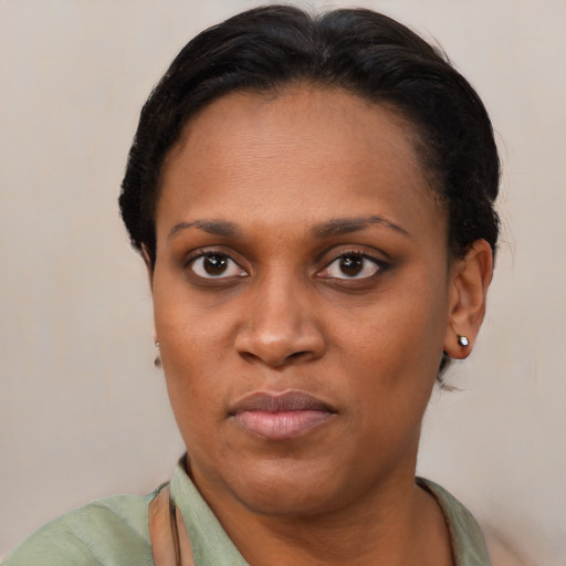 Neutral black adult female with short  black hair and brown eyes