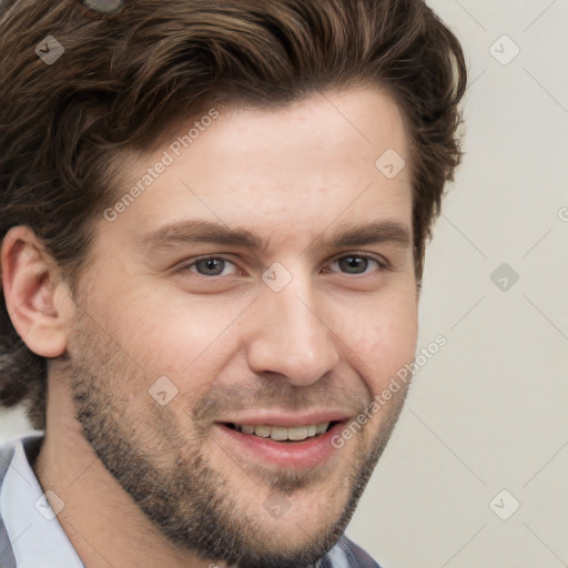 Joyful white adult male with short  brown hair and grey eyes