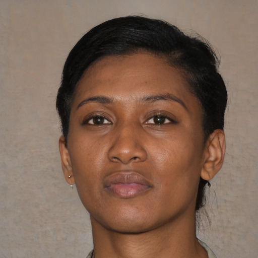 Neutral black young-adult female with short  black hair and brown eyes