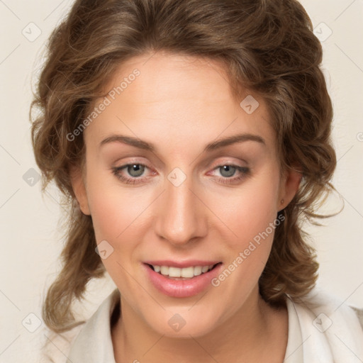 Joyful white young-adult female with medium  brown hair and green eyes