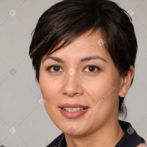 Joyful white young-adult female with medium  brown hair and brown eyes