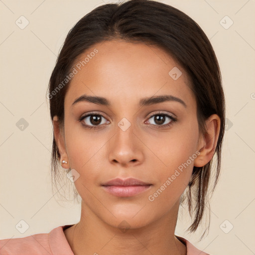 Neutral white young-adult female with medium  brown hair and brown eyes