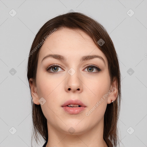 Neutral white young-adult female with medium  brown hair and brown eyes