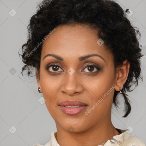 Joyful black young-adult female with medium  brown hair and brown eyes