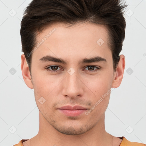 Neutral white young-adult male with short  brown hair and brown eyes