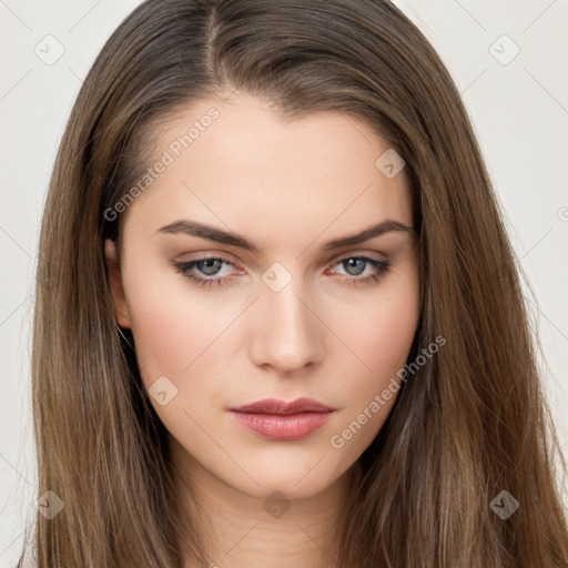 Neutral white young-adult female with long  brown hair and brown eyes