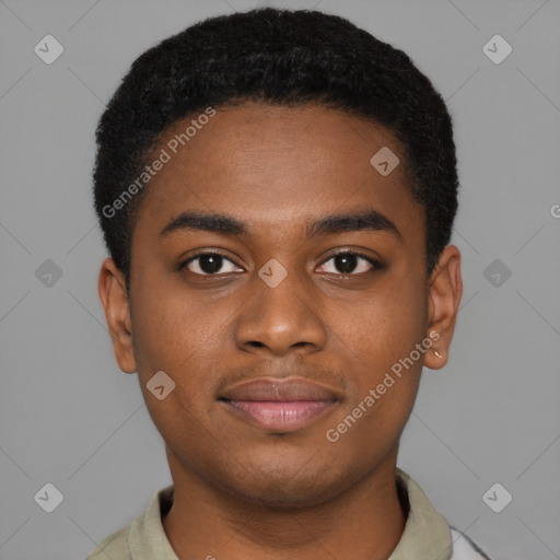 Joyful black young-adult male with short  brown hair and brown eyes