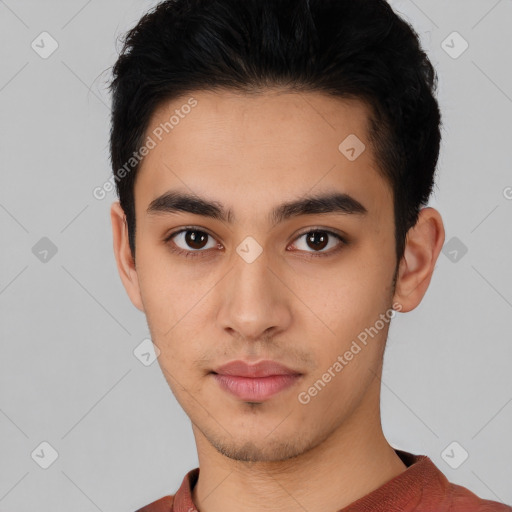 Neutral latino young-adult male with short  black hair and brown eyes