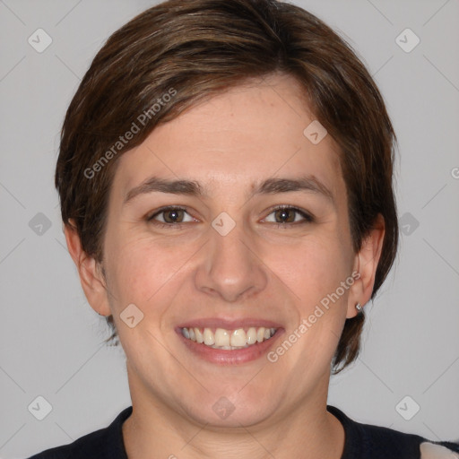 Joyful white young-adult female with medium  brown hair and brown eyes