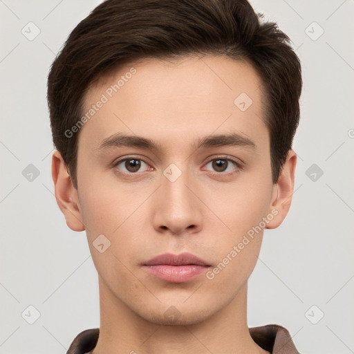 Neutral white young-adult male with short  brown hair and brown eyes