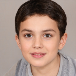 Joyful white child female with short  brown hair and brown eyes