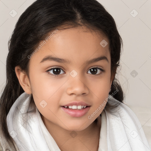 Joyful white child female with medium  brown hair and brown eyes