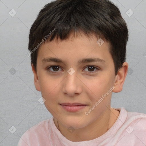 Joyful white child male with short  brown hair and brown eyes