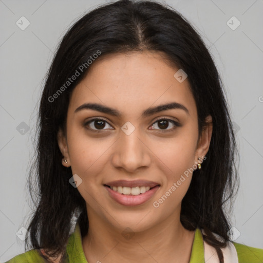 Joyful latino young-adult female with medium  brown hair and brown eyes