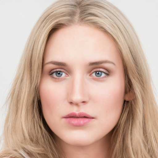 Neutral white young-adult female with long  brown hair and grey eyes