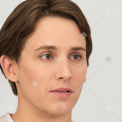 Neutral white young-adult female with short  brown hair and brown eyes