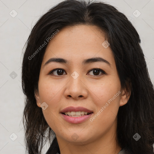 Joyful asian young-adult female with medium  brown hair and brown eyes